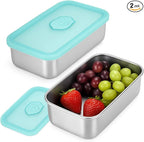 2 Pack Stainless Steel Snack Containers – Leakproof Reusable Bento Boxes with Lids for Food Storage, Travel, Work, Outdoor (Clear Lid/Silver Base, 1 Compartment)