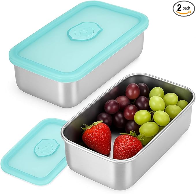 2 Pack Stainless Steel Snack Containers – Leakproof Reusable Bento Boxes with Lids for Food Storage, Travel, Work, Outdoor (Clear Lid/Silver Base, 1 Compartment)