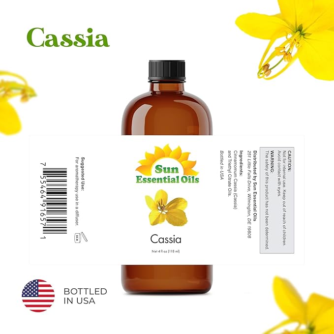 Sun Essential Oils - Cassia 4oz Bottle for Diffuser, Humidifier, Aromatherapy, Hair and Skin Care - Cassia Oil - Aromatherapy Oil