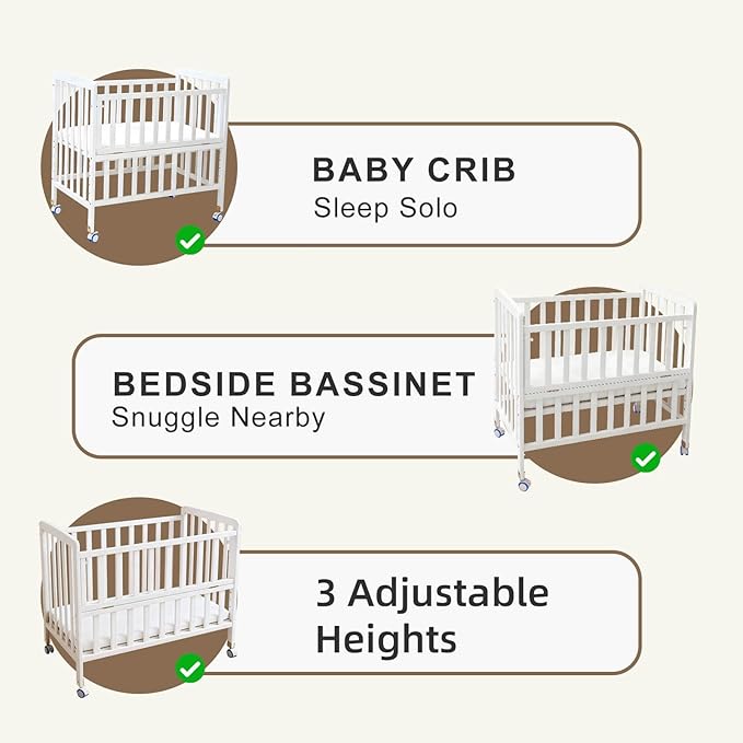 Baby Bassinets Bedside Sleeper - Portable Pine Wood Bedside Bassinet,6 Heights Small Mini Crib with Mattress,Space-Saving Design Baby Crib for Newborns 0-12 Months,White