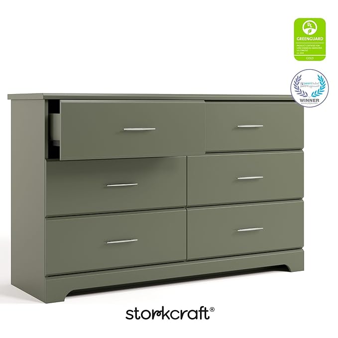 Stork Craft Brookside 6-Drawer Dresser (Olive) – GREENGUARD Gold Certified, Green Dresser for Bedroom, Kids & Nursery Storage Chest, Safety Interlocking Drawers, Pre-Installed Tracks, Kids Chest