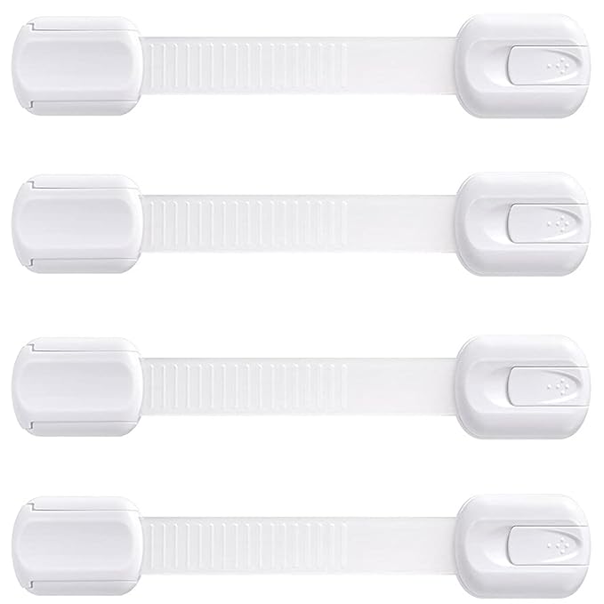 Booboo® (4 Pack) Child Proof Refrigerator Lock Fridge Door Locks | Baby Proof Your Cabinet Drawers, Dishwasher, Garbage Trash Can & Cupboards with 3M Adhesive Locks| Easy Installation No Tools Needed