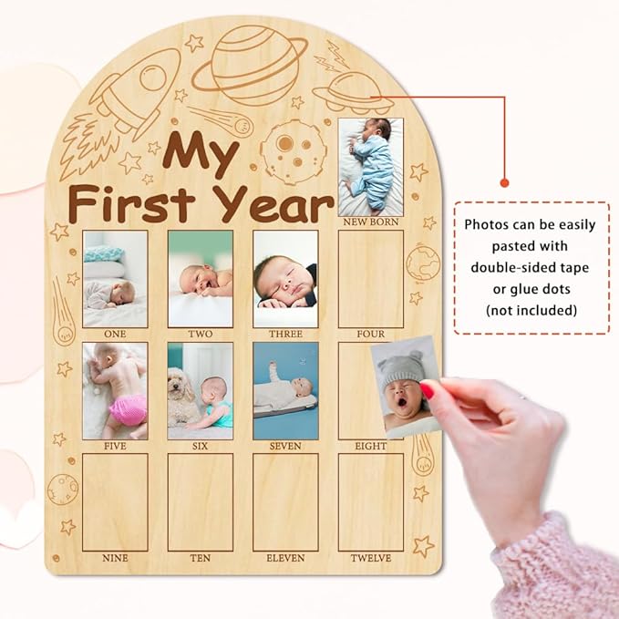 ORIGACH My First Year Baby Growth Photo Display Wood Board - 12 Months Newborn Milestones Photo Board - Neutral Baby Keepsake Board 1st Birthday Party Nursery Decor New Mom Gift - Space