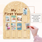 ORIGACH My First Year Baby Growth Photo Display Wood Board - 12 Months Newborn Milestones Photo Board - Neutral Baby Keepsake Board 1st Birthday Party Nursery Decor New Mom Gift - Space
