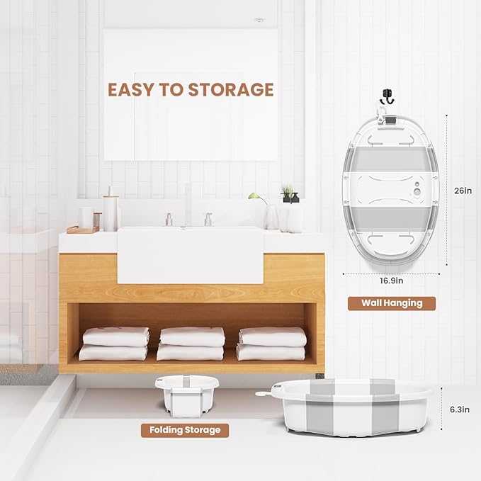 Collapsible Baby Bathtub, Baby Tubs for Newborns with Soft Cushion & Thermometer & Toy Organizer Mesh Bag, Infant Bathtub to Toddler 0-36 Months, Portable Travel Newborn Baby Bathtubs (Grey)