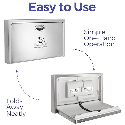 Panda Care Stainless Steel Surface Mounted Baby Changing Station, Heavy Duty Foldable Diaper Changing Table with Liner Dispenser and Adjustable Safety Belt for Commercial and Business