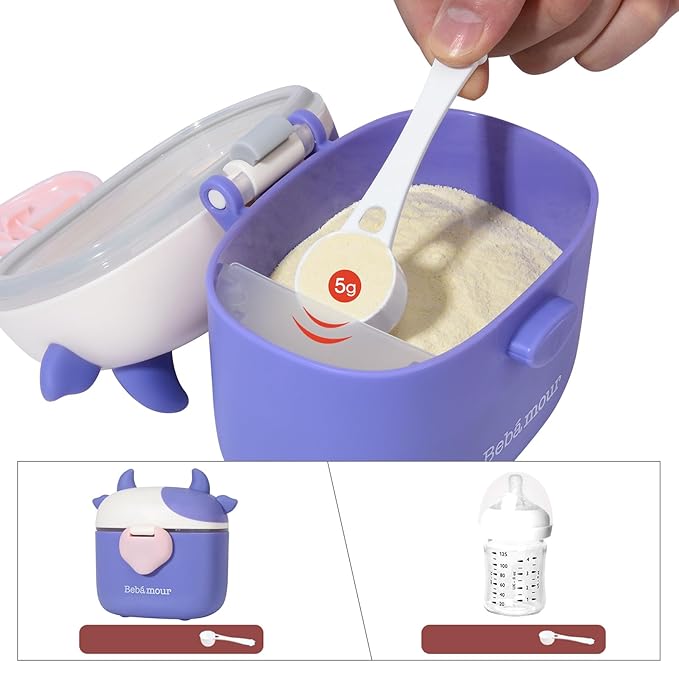 Bebamour Baby Formula Dispenser On The Go, Formula Container to Go, Formula Holder for Travel, Candy Fruit Snack Storage Container with Scoop and Leveller (Purple Cow)