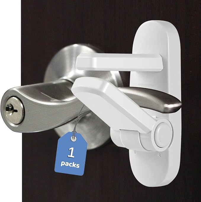 Childproof Door Lever Lock Baby safety locks for doors (1 Pack) Improved door safety for kids, 3M Adhesive No Drilling Child Safety Door Handle Lock. Simple Install, No Tools Needed (White, 1)