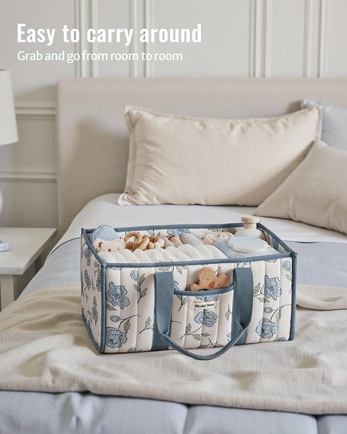 Blissful Diary Floral Diaper Caddy Organizer, Stylish Nursery Storage Basket, Gift for Baby Shower, Newborn Essentials, Peony Blue