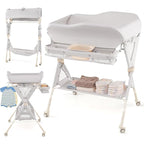 INFANS Baby Changing Table with Wheels, Portable Folding Diaper Station Nursery Organizer with Storage Basket, Hanging Rack, Adjustable Height, Safety Belt for Newborn Infant (Light Gray)