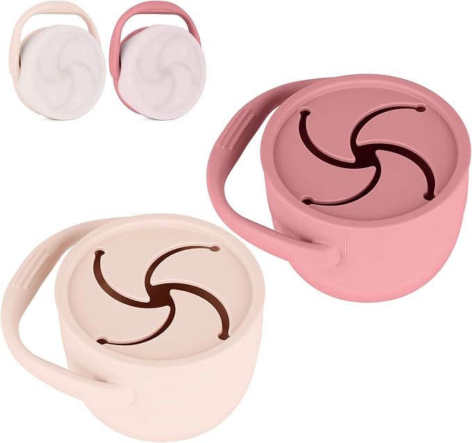 Silicone Snack Cups for Toddlers, Snack Containers with Lids, Foldable Baby Food Catcher with Holders and Dustproof Lid, 2 Pack (Color 1)