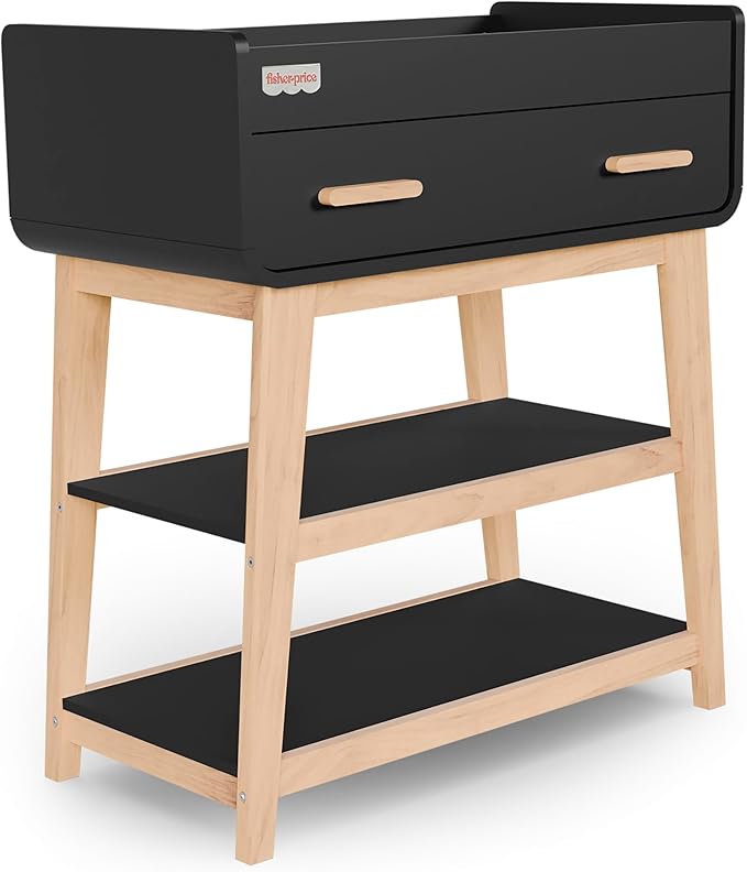 Fisher Price by Dream On Me Baby Changing Table, Matte Black Vintage Oak – Greenguard Gold & JPMA Certified, Wooden Nursery Dresser with Storage Shelves – Compact, Sturdy & Easy-to-Clean Design