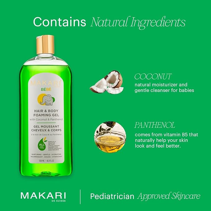 MAKARI Baby Hair and Body Foaming Gel for Sensitive and Delicate Skin, Hypoallergenic and Paraben-Free Baby Body Wash and Shampoo with Nourishing Coconut Oil & Panthenol