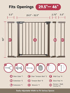 Baby Gate for Stairs, 30'' Tall 29.5-46" Extra Wide Dog Gate for Stairs Walk Thru Auto Close Metal Pet Gate for The House, Stairs and Doorways Child Gate Pressure Mounted Safety Gate Indoor - Brown