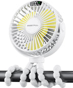 SWEETFULL Portable Stroller Fan with Display 4000mAh Battery Powered Mini Clip On Fan, 4-Speed Rechargeable Small Personal Cooling for Baby Car Seat Crib Travel - White