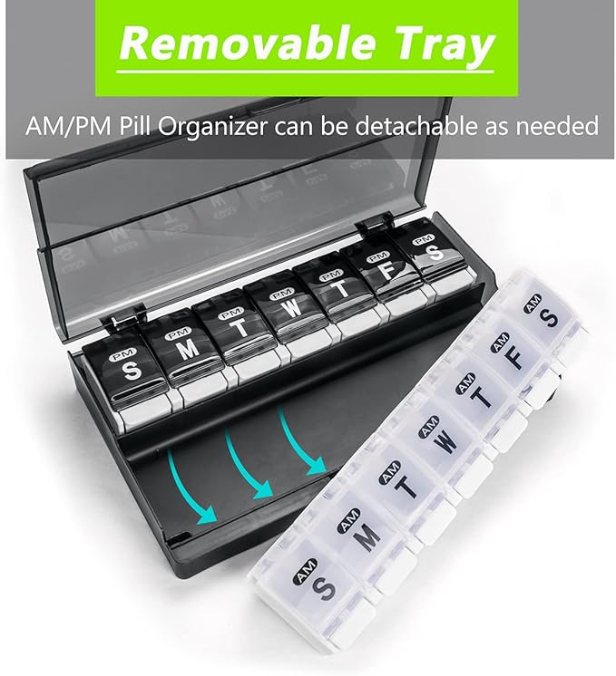 Extra Large Weekly Pill Organizer 2 Times a Day - Remtise Am/Pm Daily Pill Case Medicine Organizer, Push Button 7 Day Pill Box for Pills/Vitamin/Cod Liver Oil/Supplements (Black & White)
