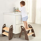 Wooden 2 Step Stool for Kids Bathroom Sink Foldable Anti-Slip 2-Step for Toilet Potty Training, Child Stepping Stool for Kitchen Nursery Bedroom, Sturdy Non Slip Adult Stool for Closet Brown