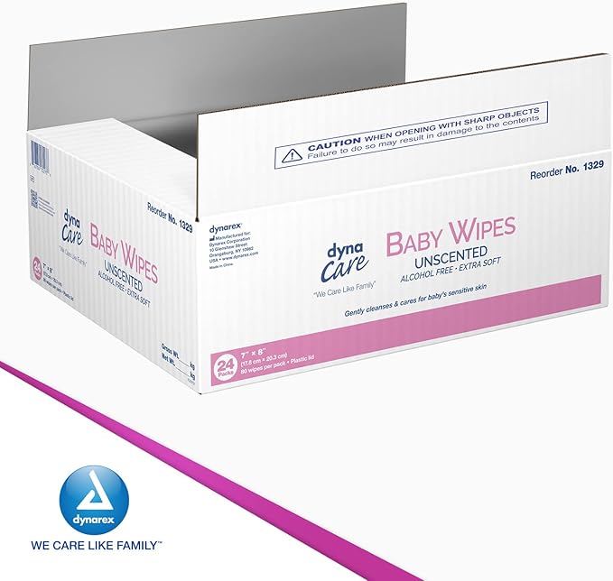 Dynarex Baby Wipes - Non-Alcohol Wipes for Babies with Lanolin & Aloe to Moisturize Skin - Sticker-Sealed Soft Pack - Unscented - 7x8", 80 Wet Wipes per Pack, 24 per Case