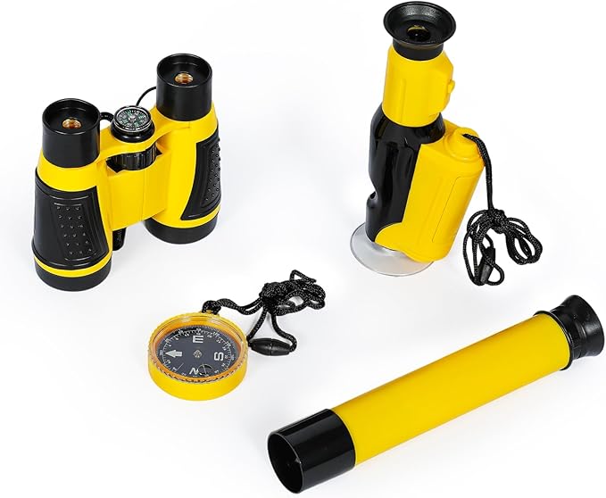 KON-TIKI 4-in-1 Kids Explorer Kit – 4x30 Binoculars with Compass, 20x–40x Handheld Microscope, 12x30 Telescope, Glow-in-The-Dark Compass – Outdoor Adventure & Nature Exploration Toy for Ages 4+