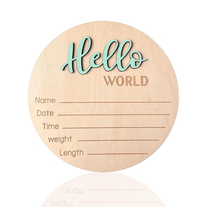 Baby Announcement Sign, 5.9 Inch Wooden Hello World Newborn Signs, Birth Announcement Sign, Baby Shower Hospital Nursery for Newborn Boys and Girls (Spark Green)