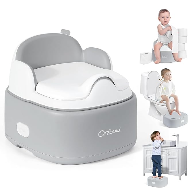 Orzbow 3-in-1 Potty Training Toilet, Detachable Baby Potty, As Toddler Toilet Seat, Chair, Step Stool for Boys & Girls 18+ Months, Potty Training Seat with Splash Guard, Lid, Easy Clean, Gray