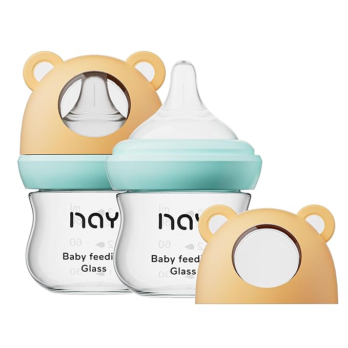 Natural Glass Baby Bottle for Breastfeeding Babies, 3oz Newborn Anti-Colic Baby Bottle with Slow Flow Nipples (SS), Clear, Wide Neck, 2 Pack, 0 Months+