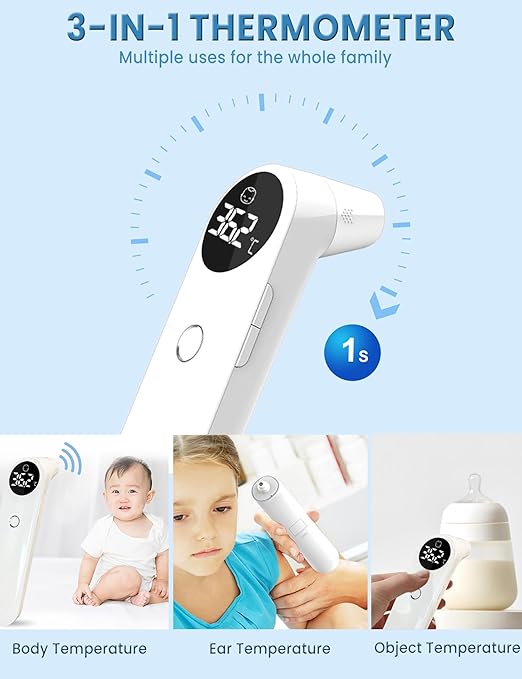 3-in-1 Baby Thermometer for Forehead, Ear & Object - No Touch Digital Infrared Thermometer with LED Display, Fever Alarm Silent Mode Memory Recall, Accurate Termometro for Infants Toddlers Adults