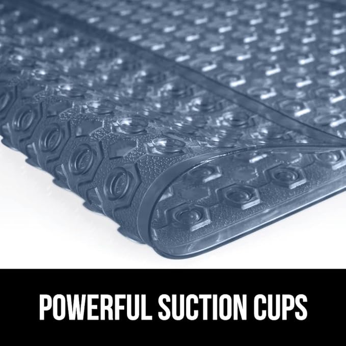 GORILLA GRIP Patented Bath Tub Shower Mat, Machine Washable Bathtub Floor Liner Mats, Suction Cups and Drain Holes to Keep Tubs Clean, Soft on Feet, Bathroom Essentials, 35x16 Inch, Clear Navy