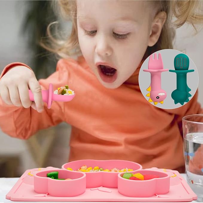 3Pcs Toddler Silicone Dinosaur Placemat Spoon and Fork Set,Divided Plate Dish for Baby Kids Infant Self Feeding Training，Non-Suction BPA Free Microwave Dishwasher Safe-Pink Dinosaur