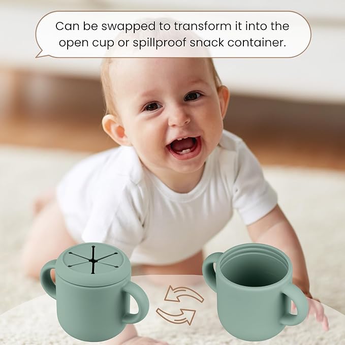 Snack Containers, Silicone Snack Cups for 6-12 Months Toddlers - Pack of 2 Food Grade Silicone Snack Cups with Grip Handle for Baby Led Weaning, Unbreakable (Natural/Cambridge Blue)