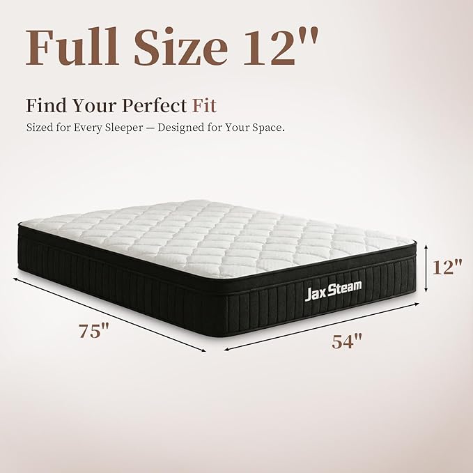 12 Inch Full Mattress, Full Size Memory Foam Mattress & Pocketed Coils, Medium Support for Pressure Relief & Motion Isolation, Fiberglass Free, Certified Safe Materials, Mattress in A Box