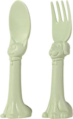 Made in USA Spoon la la Toddler Utensils Set - 2 Pack (1 Spoon & 1 Fork for Kids) - Self-Standing 3D Ergonomic Cat & Dog Handles - BPA-free, Dishwasher Safe, Baby Silverware (Mint Green)