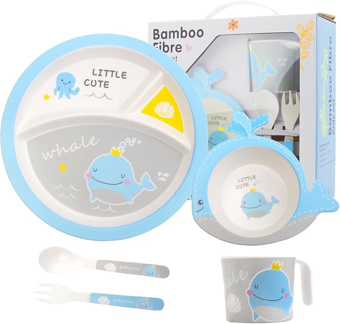 Kids Feeding Set 5 Pcs, Tableware Set for Toddlers Includes Plate Bowl Cup Fork and Spoon Utensil Flatware, Kids Flatware Set Dishwasher Safe, BPA Free (Whale)
