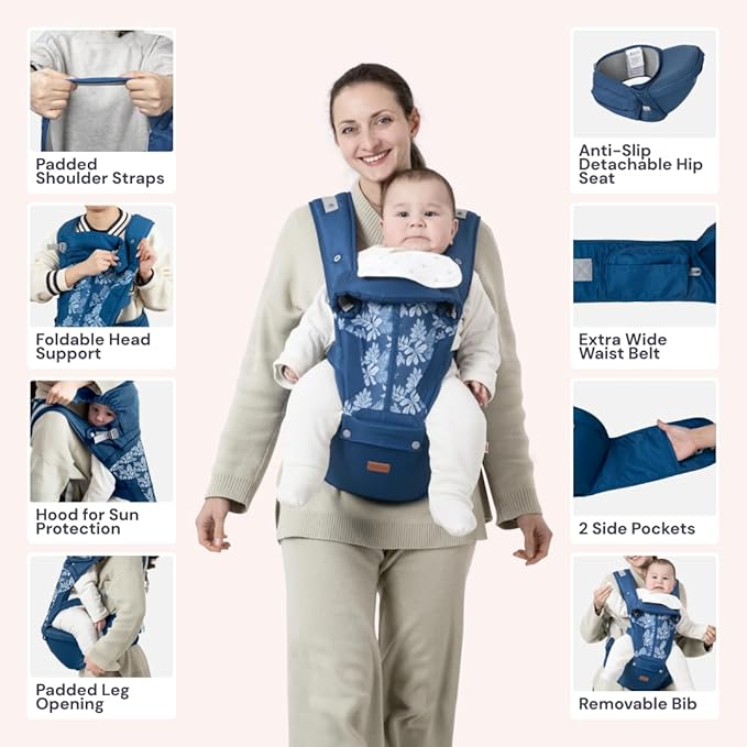 BabbleRoo Grow Carrier – Safety-Certified 6-in-1 Baby Carrier with Hip Seat, Ergonomic & Adjustable Toddler Carrier 7-50 lbs with Hip Support, Hood for Sun Protection, Newborn to Toddler, Denim Leaves