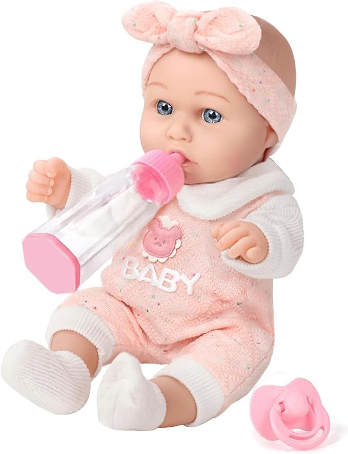 DONTNO 12'' Baby Doll in Gift Box with Pink Bear Pattern Clothes Accessories Playset,Pacifier,Feeding Bottle. Used for Gift Idea for Child Ages 3+