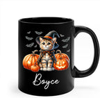 Personalized Ocicat with Pumpkins Halloween Ceramic Cups, Ocicat Wearing Witch Hat Coffee Mug 11oz 15oz, Customized Cat Black Mug with Pet's Name, Halloween Cup Gift for Cat Dad Mom Pet Lover