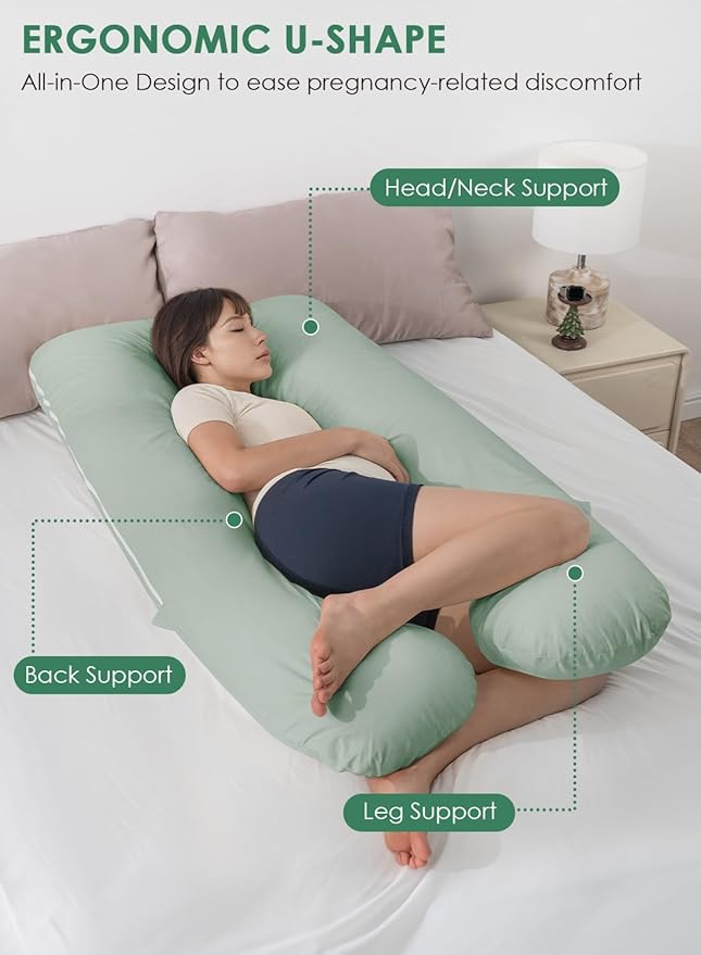 QUEEN ROSE Pregnancy Pillows, Soft Cotton U Shaped Body Pillow for Sleeping, Maternity Pillow for Pregnant Women, Green