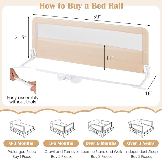 HONEY JOY Bed Rail for Toddlers, 59-in Extra Long, Portable Safety Guardrail w/Double Safety Child Lock, Foldable Baby Bed Rail Guard, Fit King & Queen Full Twin Size Bed Mattress (2 Pack, Beige)