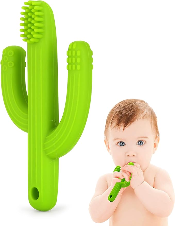 Cactus Teether, Baby Teething Toys for Babies 0-6 Months 6-12 Months, Self-Soothing Pain Relief Soft Baby Toothbrush for Babies, Toddlers, Infants, Boy and Girl, Natural Organic BPA Free(Green)