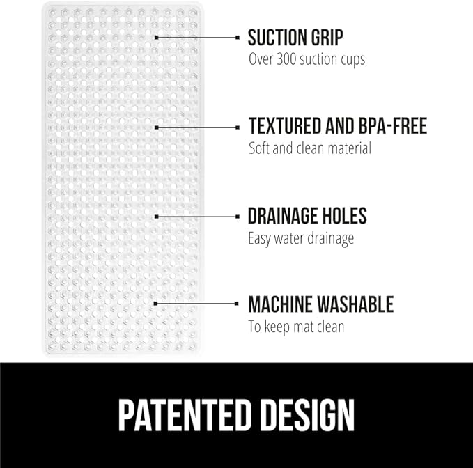 GORILLA GRIP Patented Bath Tub Shower Mat, 2 Pack, Machine Washable Bathtub Floor Liner Mats, Suction Cups and Drain Holes to Keep Tubs Clean, Soft on Feet, Bathroom Essentials, 35x16 Inch, Clear