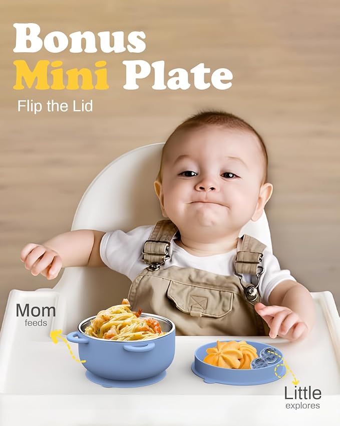 Baby Suction Bowls with Lids 4-Pack, 2-in-1 Stainless Steel 304 Toddler Bowl & Removable Silicone Suction Kids Bowl Plate Set Non Toxic Snack Dishes for Self-Feeding, Organic Bloom