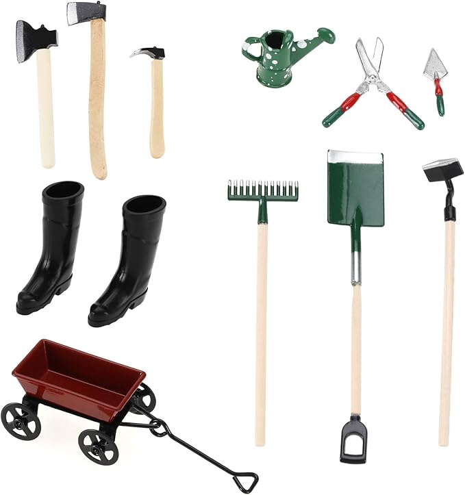 SG Store 11Pcs 1:12 Dollhouse Working Accessories Dolls House Miniature Garden Set Shovel Rake and Spade Watering Can Pulling Cart Mini Cart Garden Tools