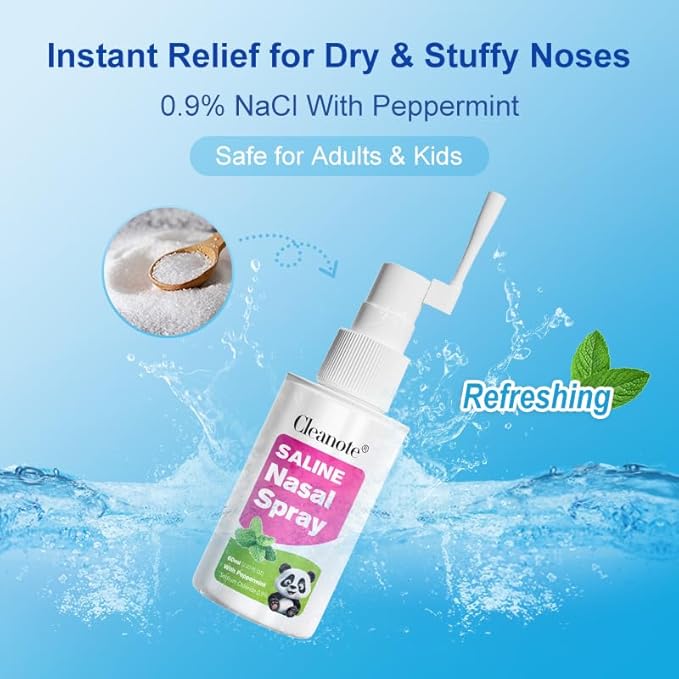 Nasal Cavity Cleaner 0.9% Physiological Saline Available for Children and Adults (60ml)-Moisturizes Dry Nose,Clean Nasal Passage，Sinus Relief，Refresh ，360 Degree Rotating Nozzle
