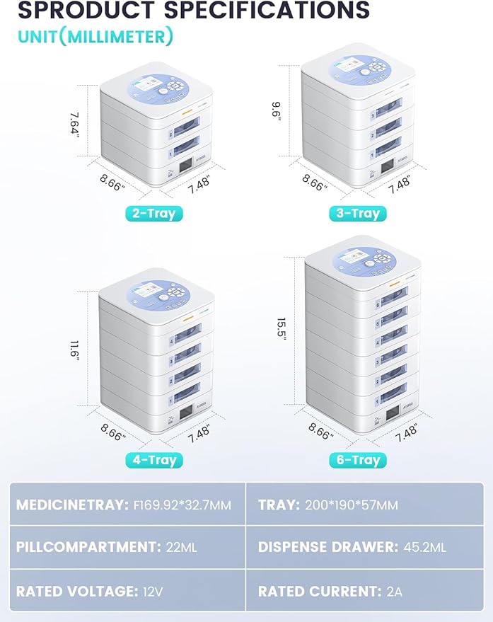 42-Day Automatic Pill Dispenser – App & On-Device Setup by Family, LCD Display, Digital Lock, Sound & Light Alerts – Safe Medication Organizer Management for Seniors (3-Tray, White)