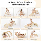 Pikler Triangle Set with Cushion, 8-in-1 Toddler Climbing Toys Indoor, Wooden Montessori Climbing Set with Arch Ramp,Ladder&Tent Cloth, Baby Indoor Climber Jungle Gyms for Toddlers Toy, Natural