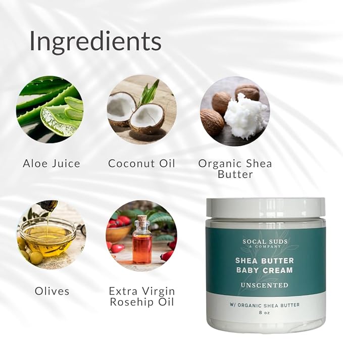 SoCal Suds & Company - Organic Baby Face & Body Cream - Natural Moisturizer with Shea Butter, Coconut Oil & Aloe for Newborns, Kids & Toddlers - Fragrance Free Shea Body Butter - 8oz