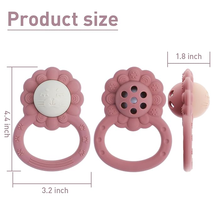 Rattle Teether, Lion Shape Montessori Baby Sensory Teething Toys, Food Grade Silicone BPA Free, Newborn Essentials Must Haves (Shifting Sand Sage)