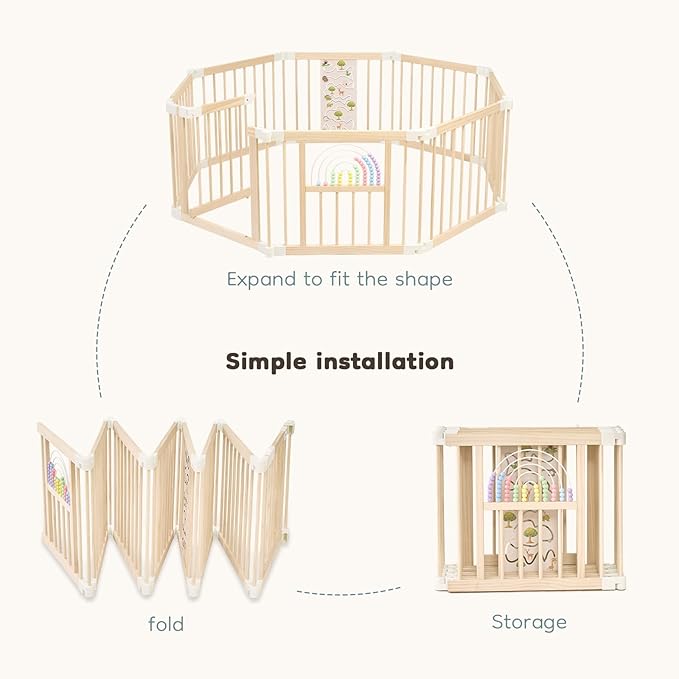 Foldable Wooden Baby Playpen Activity Center,Adjustable Size & Shape Portable Play Yard, Baby Fence Play Area with Gate for Indoor Use for Babies and Toddlers(56x56x24inches)