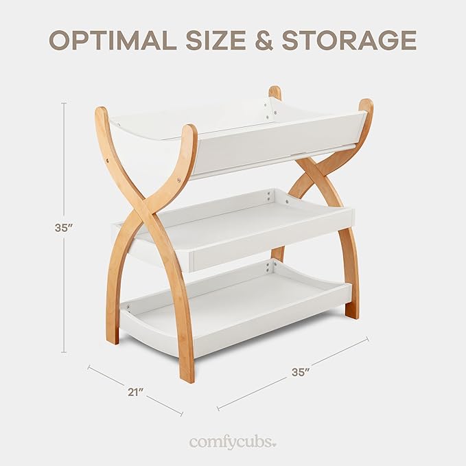 Comfy Cubs Baby Changing Table - Sturdy Wood Construction, Timeless Look Baby Change Table with Two Open Shelves for Infant Daycare Essentials Storage - White with Natural Wood Legs