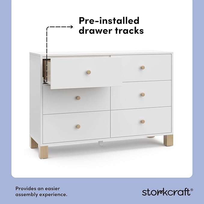 Storkcraft California 6-Drawer Double Dresser (White with Driftwood) - GREENGUARD Gold Certified, Interlocking Drawer System, Dresser Drawer Organizer for Kids Bedroom